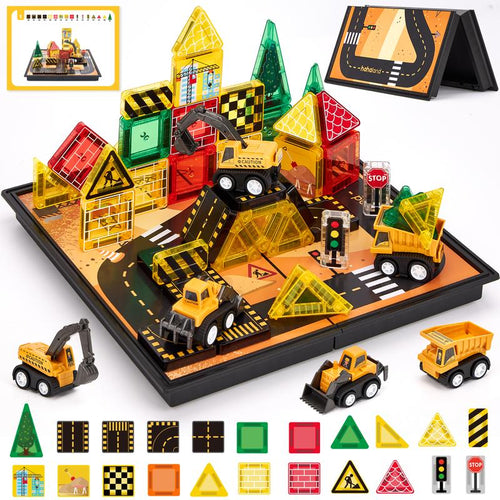 Magnetic Road Building Tiles Set with Construction Vehicles