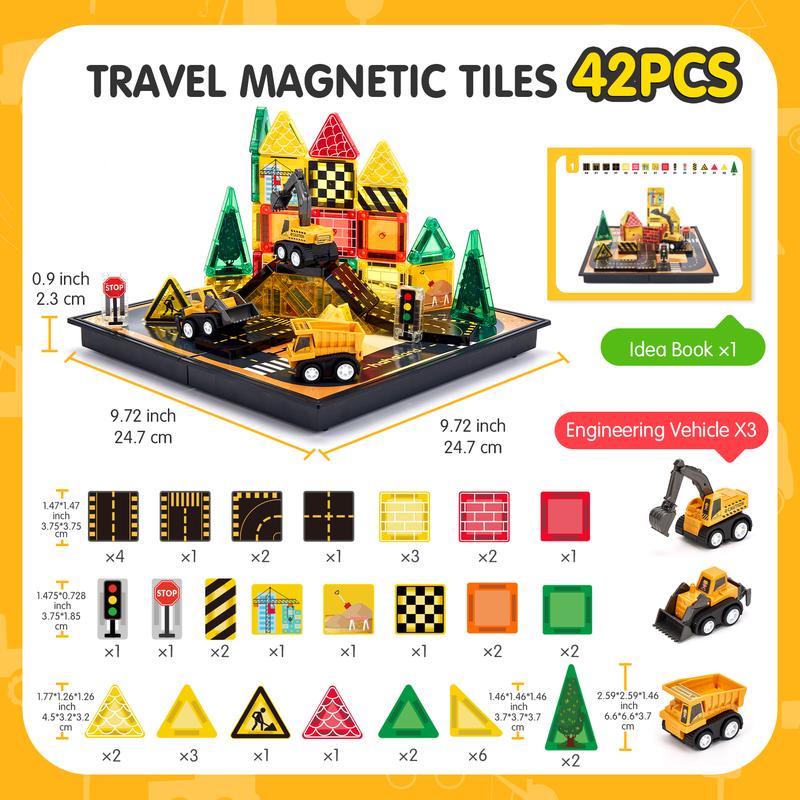 Magnetic Road Building Tiles Set with Construction Vehicles