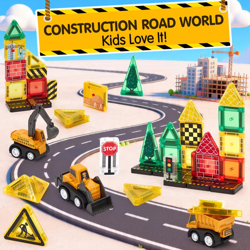 Magnetic Road Building Tiles Set with Construction Vehicles