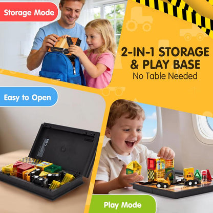 Magnetic Road Building Tiles Set with Construction Vehicles