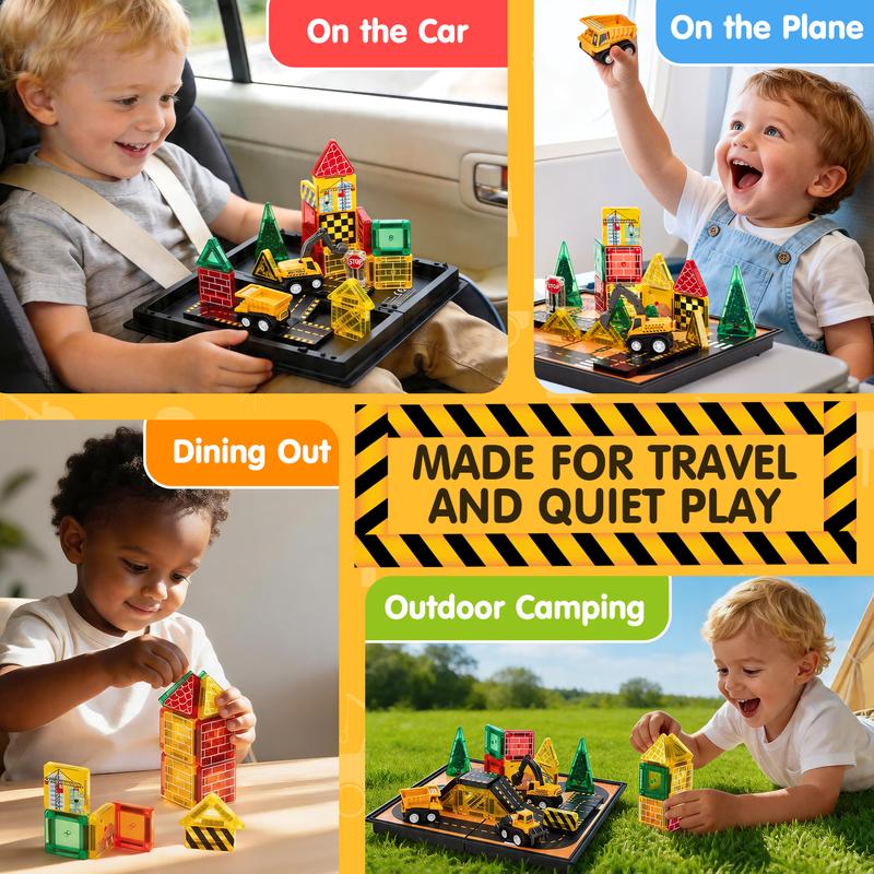 Magnetic Road Building Tiles Set with Construction Vehicles