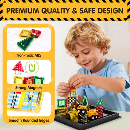 Magnetic Road Building Tiles Set with Construction Vehicles