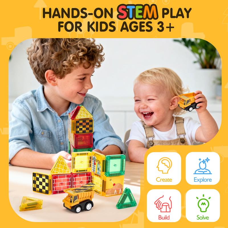 Magnetic Road Building Tiles Set with Construction Vehicles