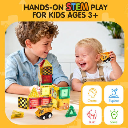 Magnetic Road Building Tiles Set with Construction Vehicles