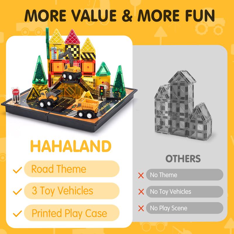 Magnetic Road Building Tiles Set with Construction Vehicles