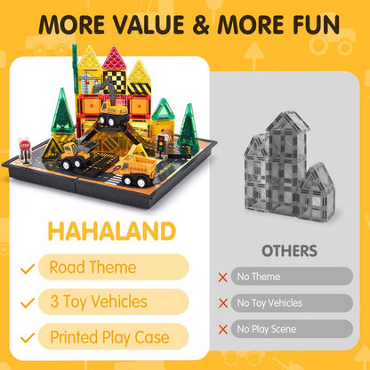 Magnetic Road Building Tiles Set with Construction Vehicles