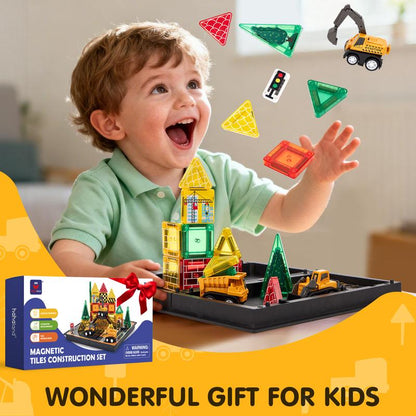 Magnetic Road Building Tiles Set with Construction Vehicles
